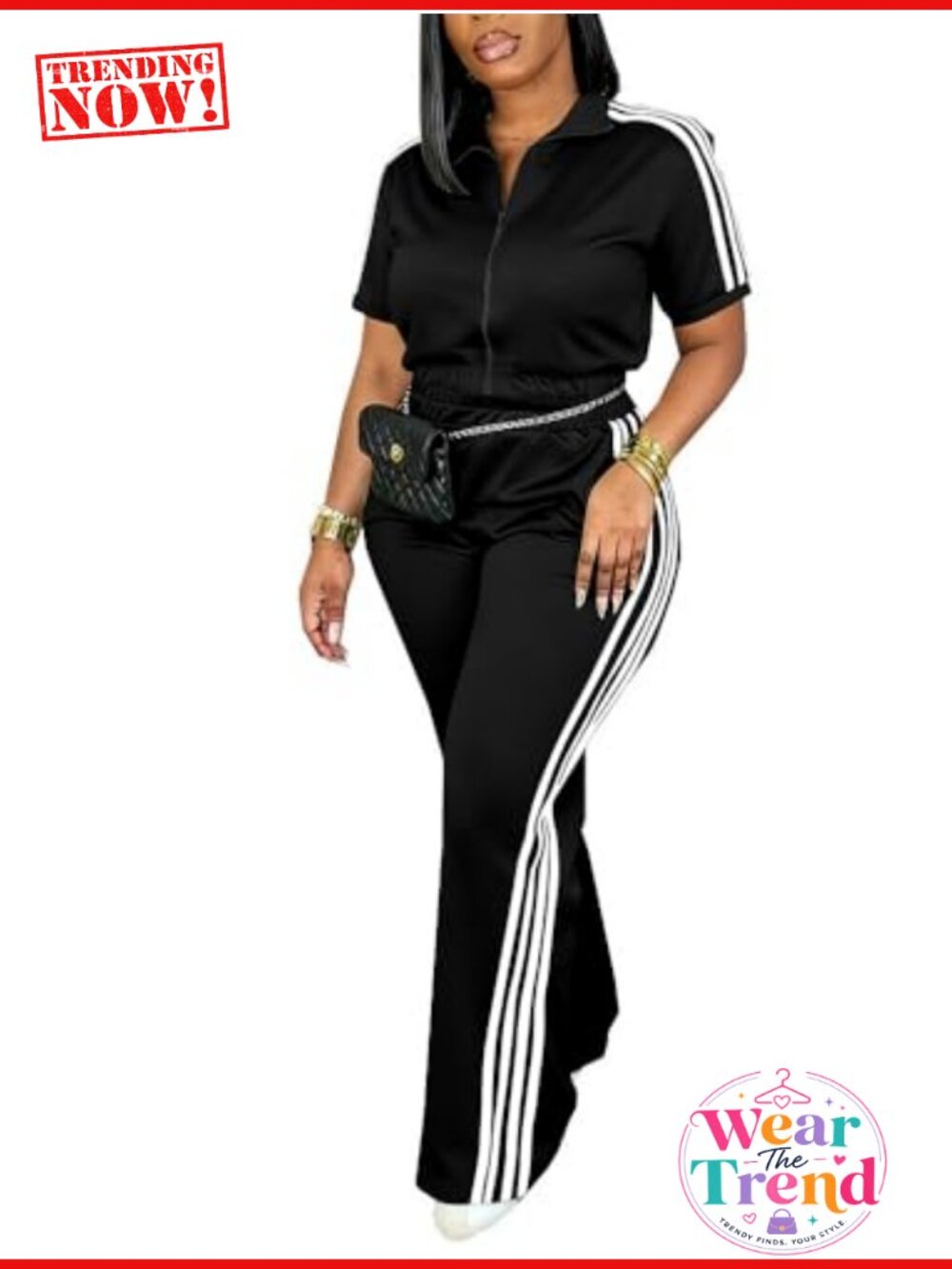 Women's Two Piece Tracksuit Set Zip Up Polo Top Flare Pants Pocket